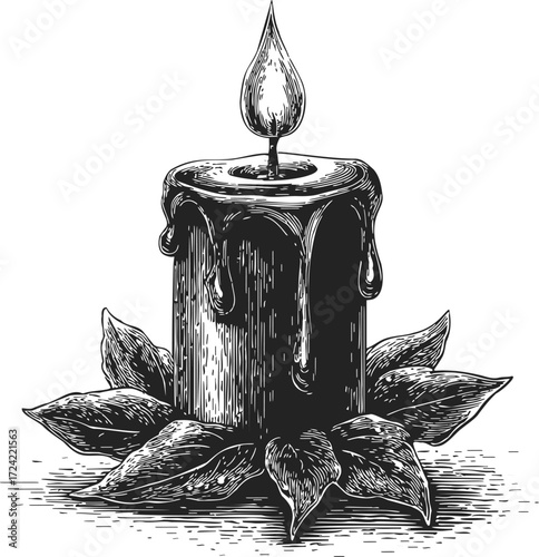 Candle sketch hand drawn with melting wax and leaves base — stock vector
