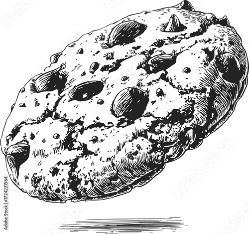 Chocolate chip cookie sketch hand drawn style detailed dessert illustration — stock vector