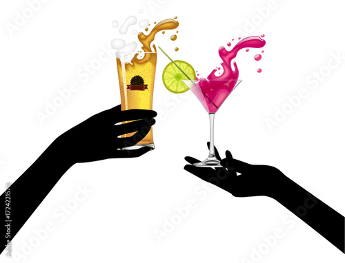 Black silhouettes of female hands holding transparent glasses with colorful spilling beer and cocktail isolated on white. Vector illustration in flat style