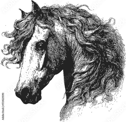 Horse head sketch hand drawn with flowing mane detailed line art — stock vector