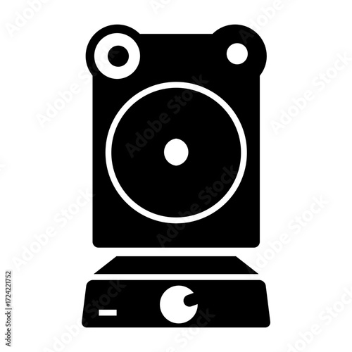 vector Vintage vinyl record player with audio speaker and web button symbol for digital music