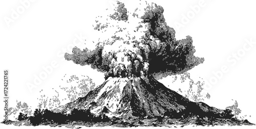 Volcano sketch hand drawn erupting with smoke and ash cloud — stock vector