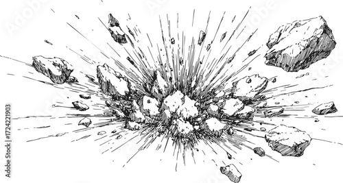 Explosion rocks sketch hand drawn dynamic debris blast scene — stock vector