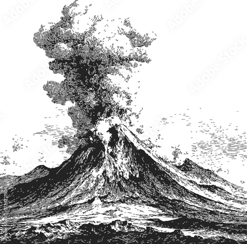 Volcano eruption sketch, hand drawn style with smoke and ash plume — stock vector