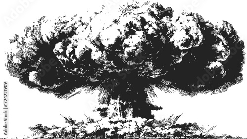 Mushroom cloud sketch, hand drawn explosion over cityscape, dramatic black and white scene — stock vector