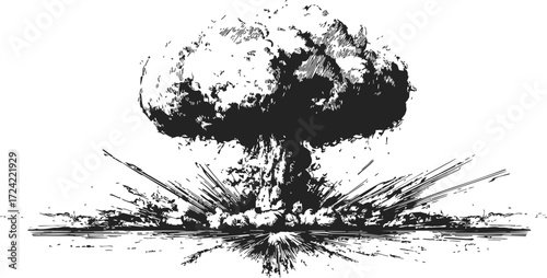 Nuclear explosion sketch, hand drawn mushroom cloud with blast and debris — stock vector