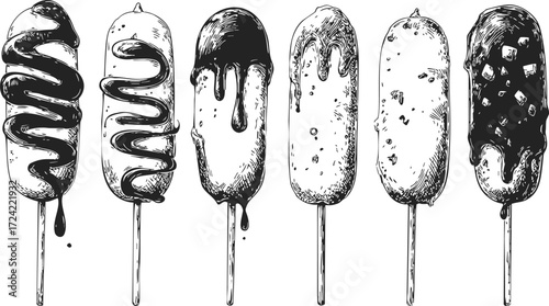 Corn dogs sketch hand drawn various toppings and sauces on sticks — stock vector