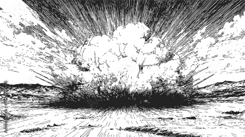 Explosion sketch hand drawn style with dramatic cloud and shockwave in open landscape — stock vector