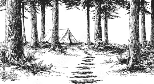 Tent in forest sketch, hand drawn path leading through pine trees — stock vector