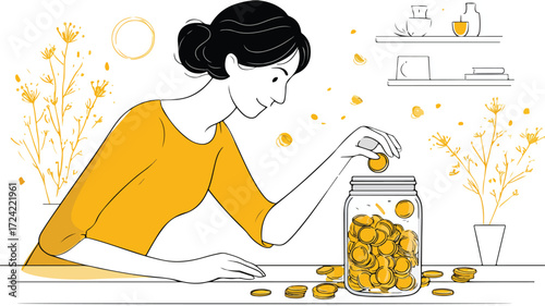Female Putting Coin in Jar Vector Illustration