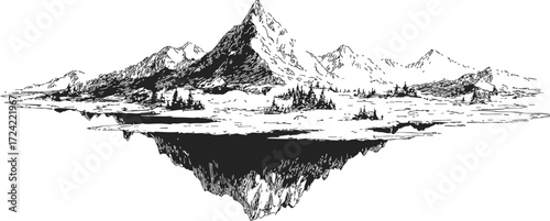 Mountain landscape sketch, hand drawn floating island with trees and reflection — stock vector