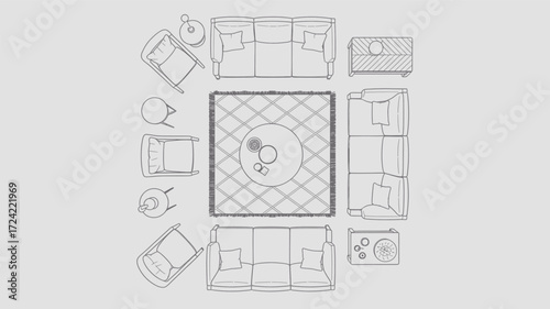 Overhead view of a living room furniture arrangement plan with sofas chairs and coffee table in a clear line drawing silhouette