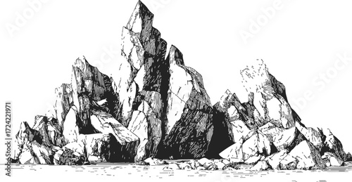 Rock formation sketch, hand drawn rugged boulders and jagged cliffs landscape — stock vector