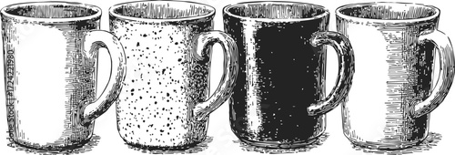 Coffee mugs sketch hand drawn set with vintage diner style and textured details — stock vector