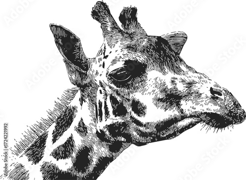 Giraffe head sketch hand drawn detailed portrait black and white — stock vector