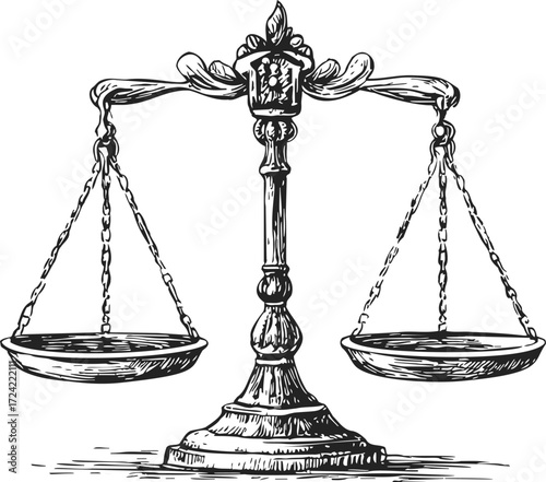 Balance scale sketch, hand drawn vintage weighing device with ornate details — stock vector