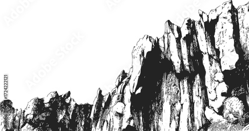 Rock formation sketch hand drawn rugged cliff landscape with jagged peaks — stock vector