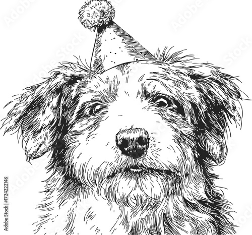 Dog sketch hand drawn wearing party hat, detailed furry face portrait — stock vector