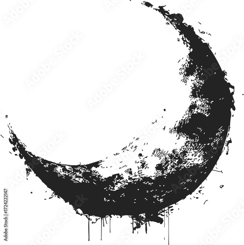 Crescent moon sketch hand drawn with grunge textured ink splatter — stock vector