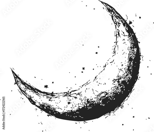 Crescent moon sketch hand drawn with scattered stars on white background — stock vector