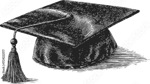 Graduation cap sketch, hand drawn mortarboard with tassel, detailed academic hat — stock vector