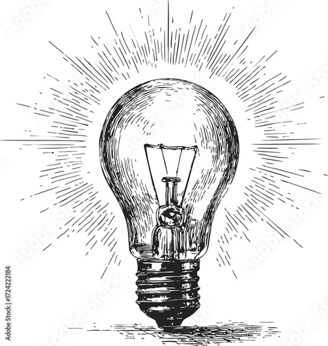 Light bulb sketch hand drawn with glowing rays on white background — stock vector