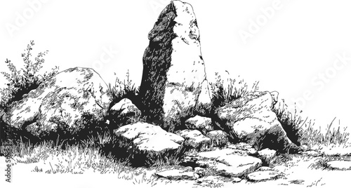 Stone arrangement sketch, hand drawn, large upright rocks with grass and foliage — stock vector