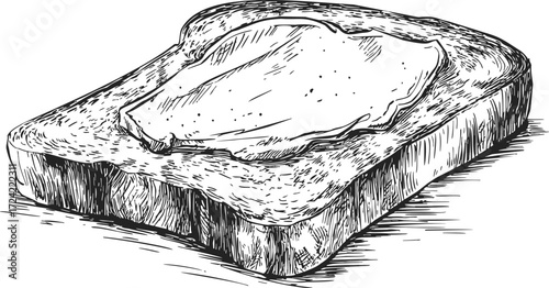 Toast bread slice sketch, hand drawn with butter spread — stock vector