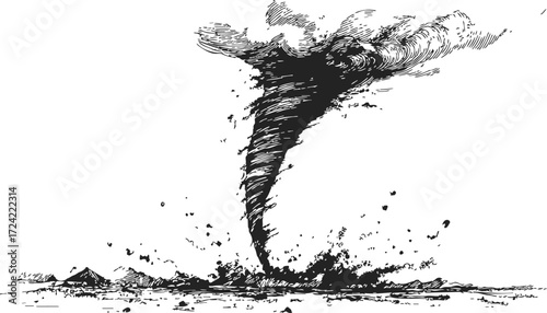 Tornado sketch, hand drawn style, swirling funnel cloud over landscape — stock vector