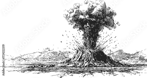 Volcano eruption sketch, hand drawn style, explosive ash cloud and rocky landscape — stock vector