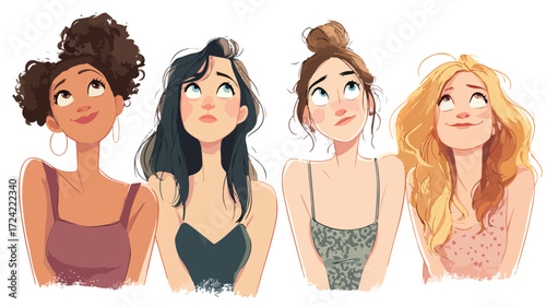 Four Diverse Female Cartoon Characters Gazing Upward Together