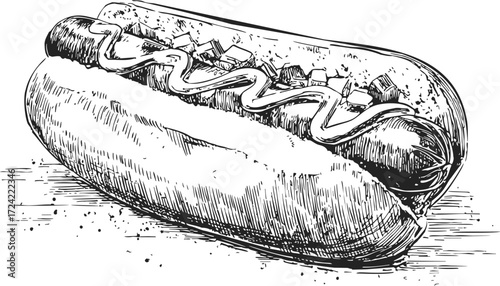 Hot dog sketch hand drawn with mustard and diced onions — stock vector