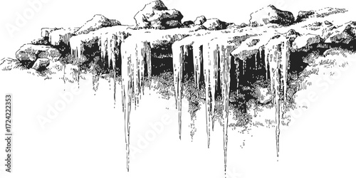 Icicles hanging from rocky ledge sketch, hand drawn winter landscape — stock vector
