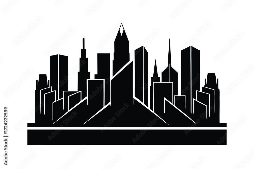 Obraz premium Modern cityscape silhouette with geometric buildings and white accents