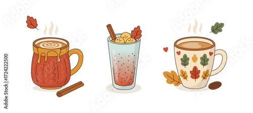 Hot drink mug autumn coffee chocolate latte. Cocoa drink autumn hot mug tea vector cozy illustration winter cartoon design