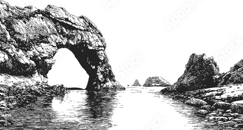 Natural rock arch sketch, hand drawn coastal scene with sea and rocky cliffs — stock vector