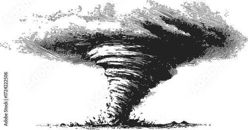 Tornado sketch hand drawn swirling storm cloud with debris — stock vector
