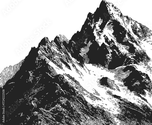Mountain peak sketch hand drawn rugged alpine landscape with snow — stock vector