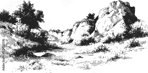Rocky landscape sketch, hand drawn scene with boulders, shrubs, and sparse trees — stock vector