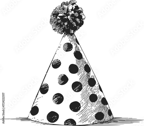 Party hat sketch hand drawn with polka dots and pompom — stock vector