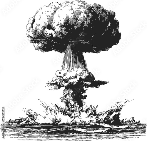 Nuclear explosion sketch, hand drawn style, mushroom cloud rising over water, dramatic blast scene — stock vector