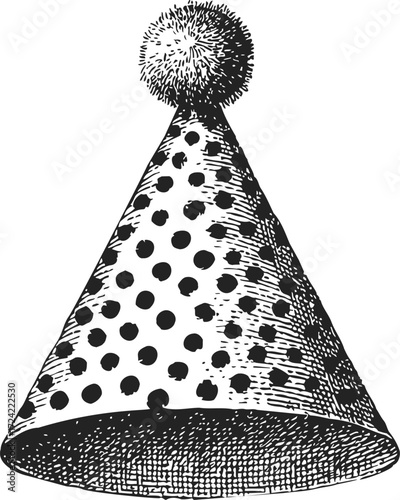 Party hat sketch hand drawn conical polka dot hat with pompom — stock vector