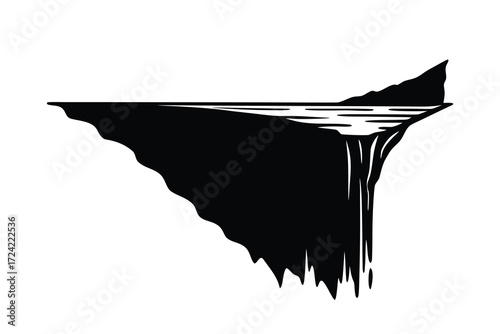 Black silhouette of a waterfall flowing off a cliff edge