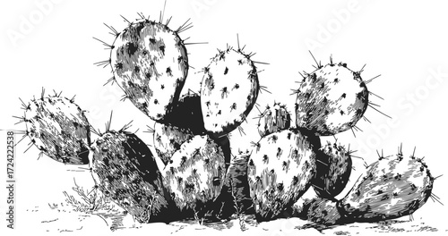 Prickly pear cactus sketch, hand drawn style, detailed spiny pads in desert scene — stock vector