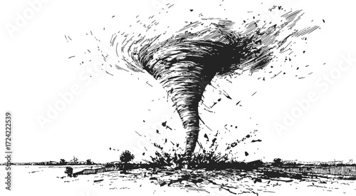 Tornado sketch hand drawn rural landscape with debris and dramatic sky — stock vector