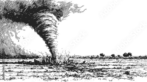 Tornado sketch hand drawn landscape with debris and dramatic sky — stock vector