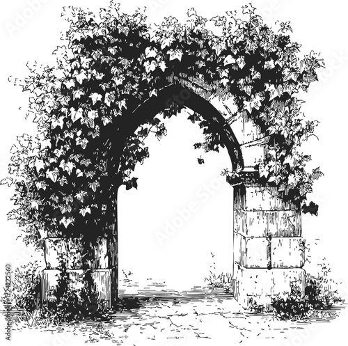 Stone archway sketch hand drawn with ivy and foliage details — stock vector