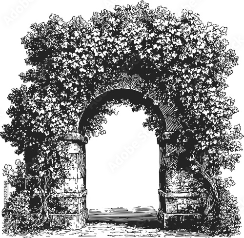 Stone archway covered with ivy, sketch hand drawn, ancient garden entrance — stock vector