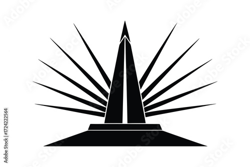 A striking black and white abstract design featuring a central pointed structure with radiating sharp lines resembling rays or spikes.