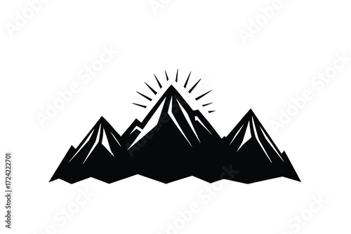 A stark black silhouette of three jagged mountain peaks with rays of sunlight emanating from behind the central peak against a white background.